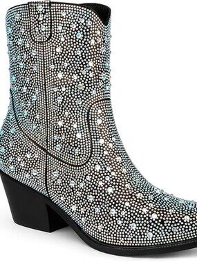 Women's Rhinestone Ankle Black Synthetic Toe Boots Embroidered Cowgirl Boots